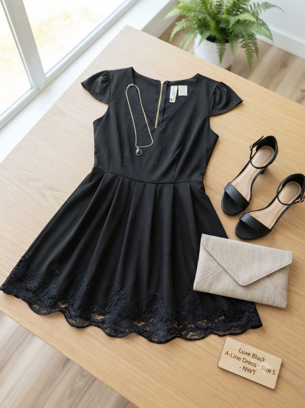 Mimi Chica Black Short Sleeve V-Neck Dress with Lace Hem